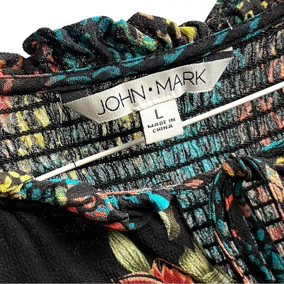 John Mark Top Sz L Mixed Print Animal Print Blouse Floral Tassel Shirring Artsy - Picture 3 of 14